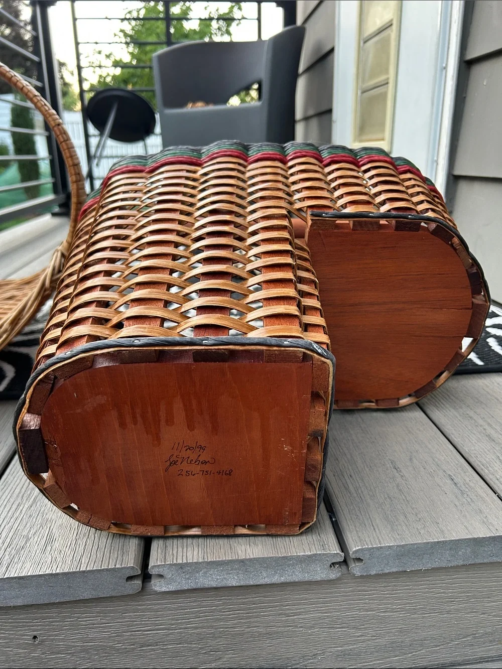 Vintage Foxcreek Stair Step Basket featuring a prominent solid mahogany handle